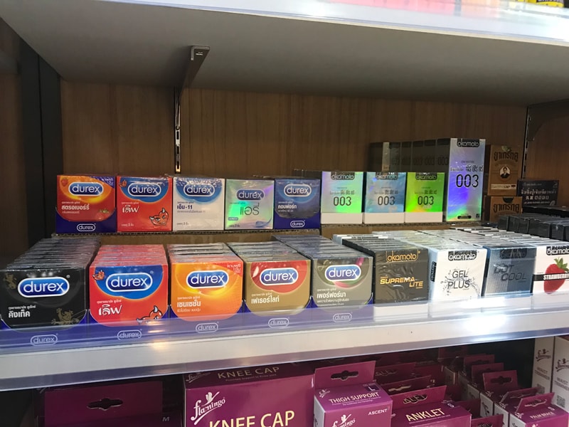 A shelf with boxes of condoms in Bangkok